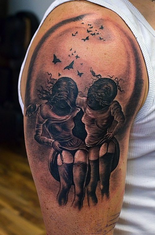 Grey Ink Pinup Girls Optical Illusion Tattoo On Half Sleeve